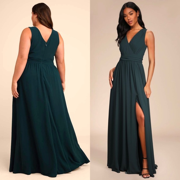 NWT LULUS Emerald Chiffon Sleeveless V-Neck Wedding Guest Dress Formal Gown XL‎ - Picture 3 of 11